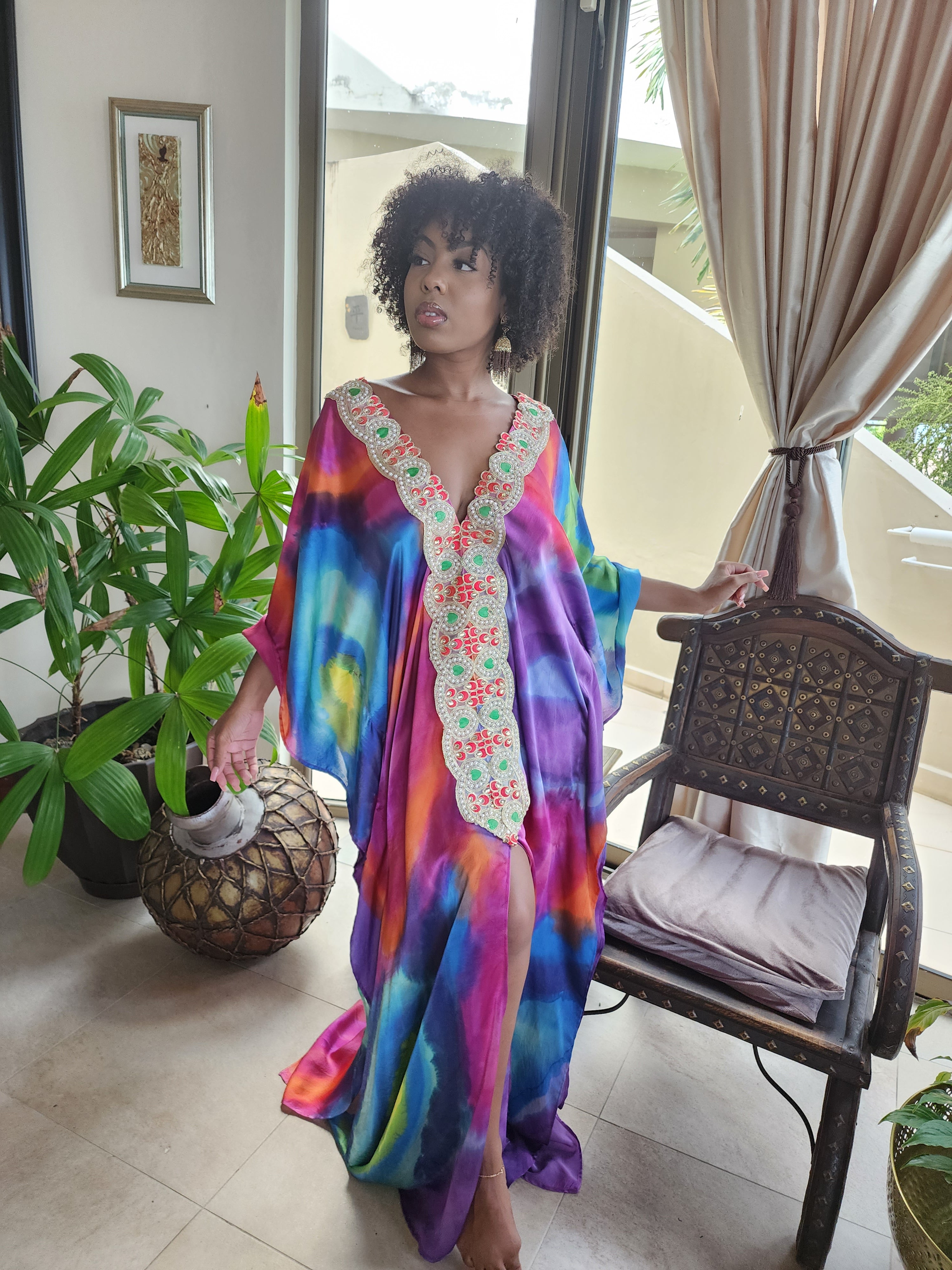Hand dyed silk charmuese/ embellished kaftan