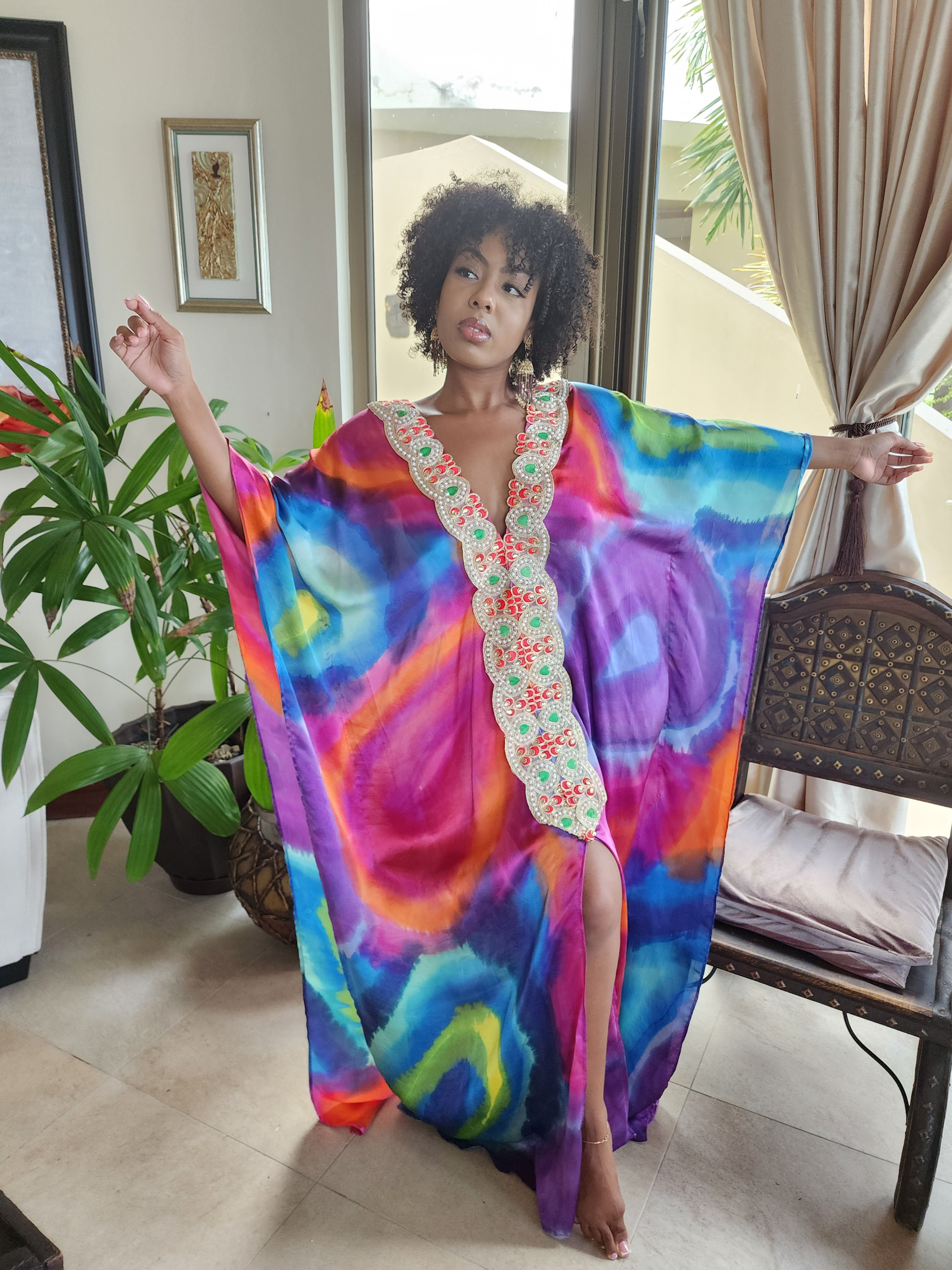 Hand dyed silk charmuese/ embellished kaftan