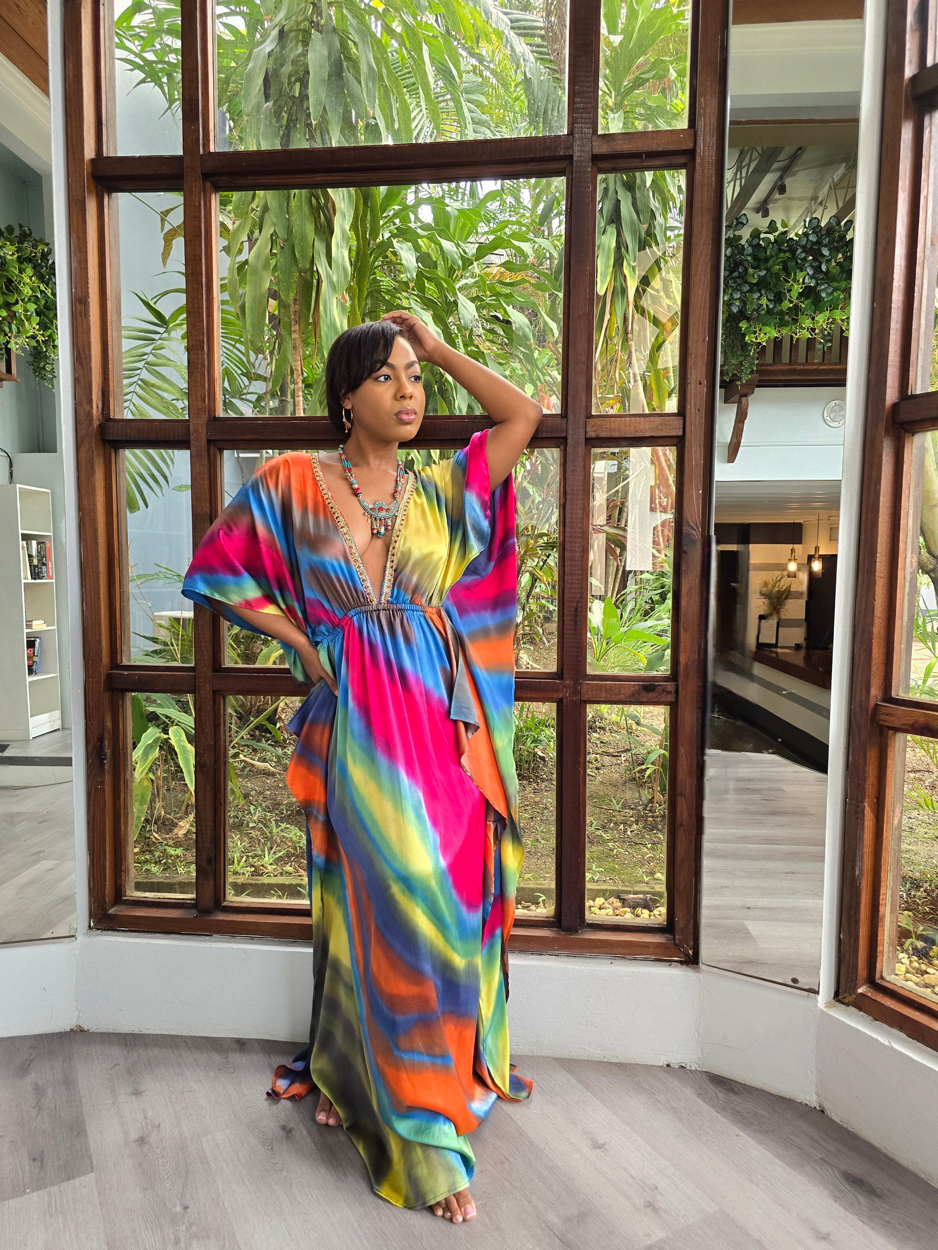 Hand Dyed Silk Stretch Charmeuse/Embellished Kaftan