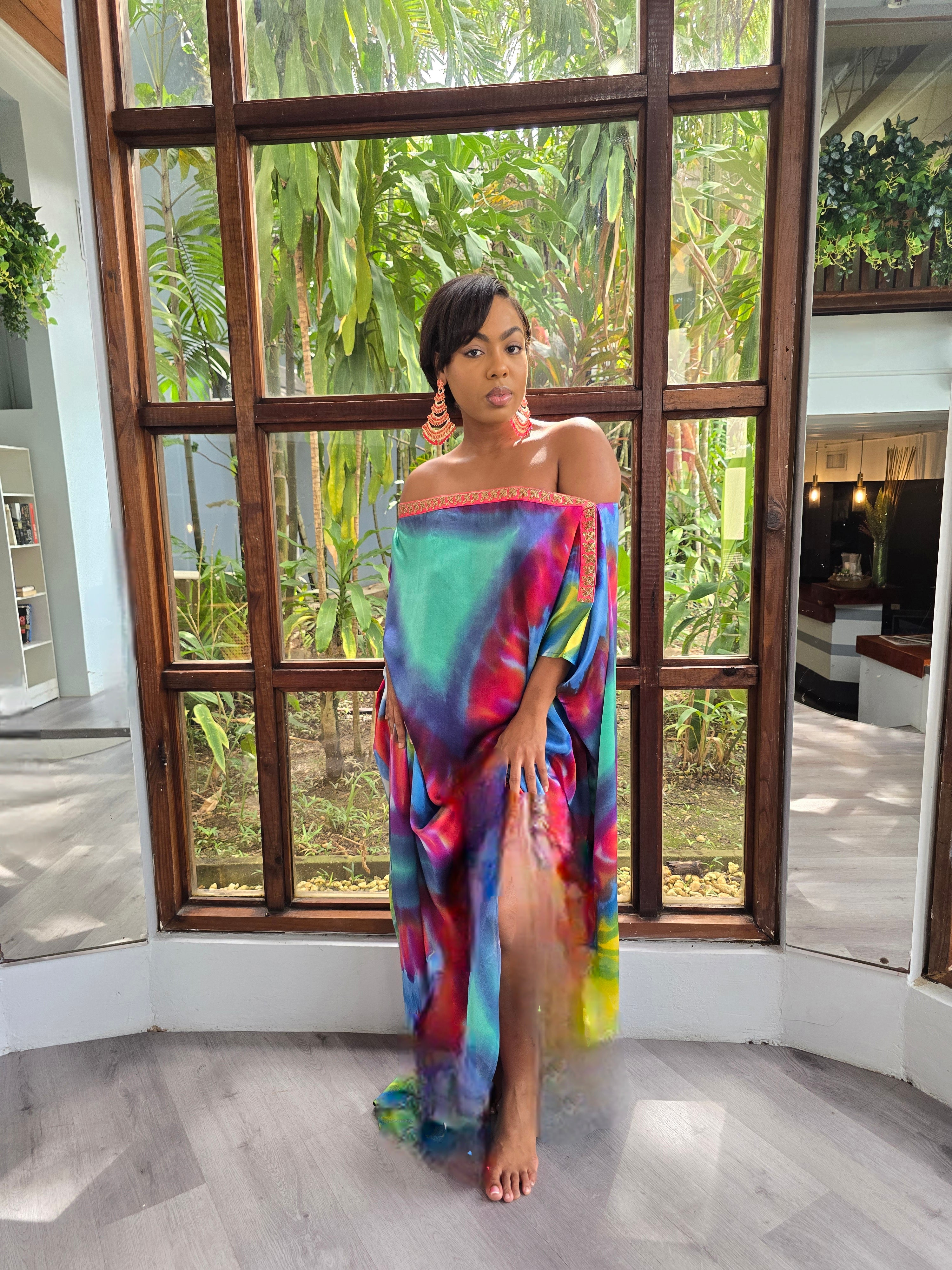 Hand Dyed Silk Charmeuse/Embellished Kaftan