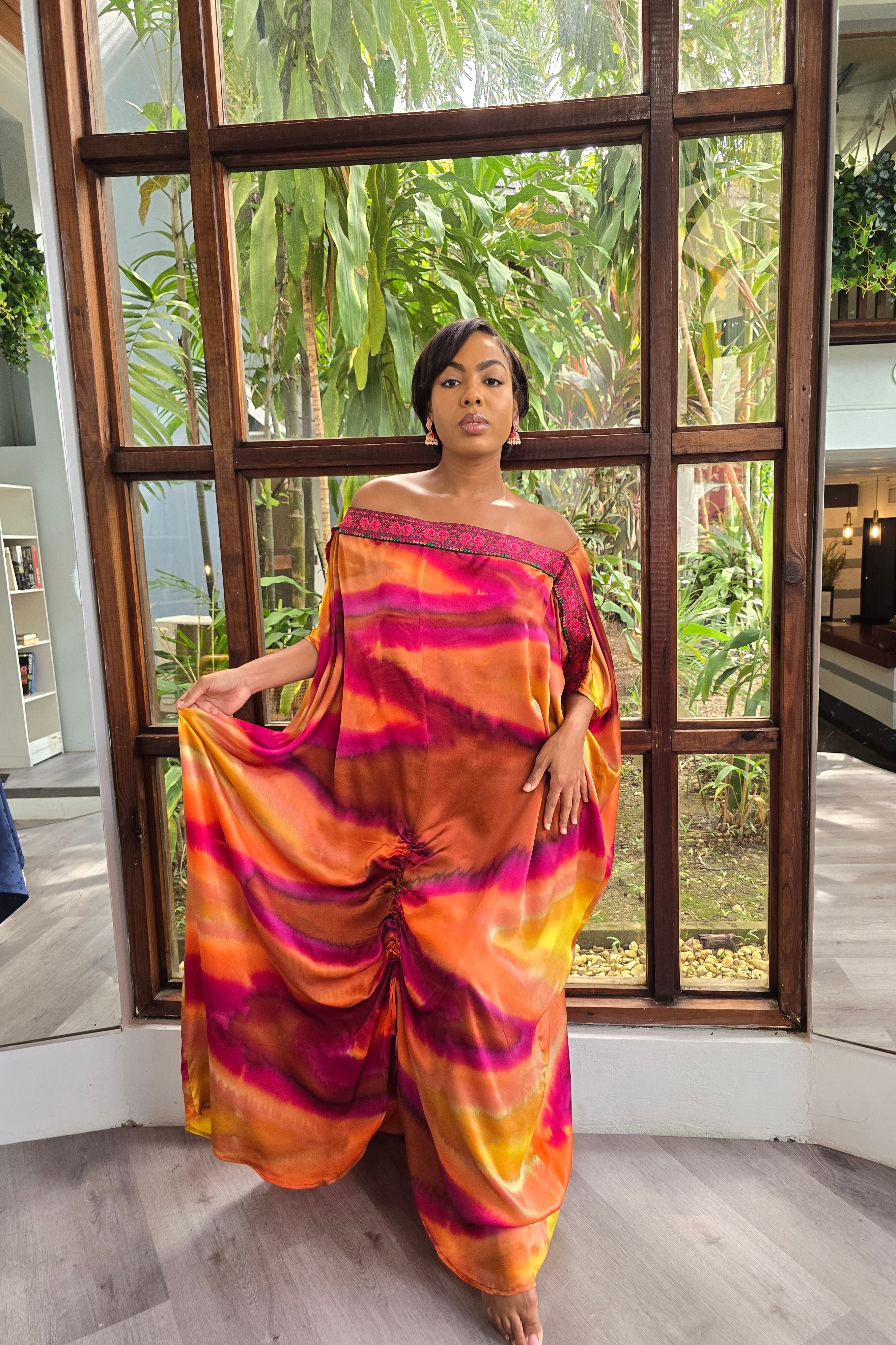 Hand Dyed Silk Charmeuse/Embellished Kaftan