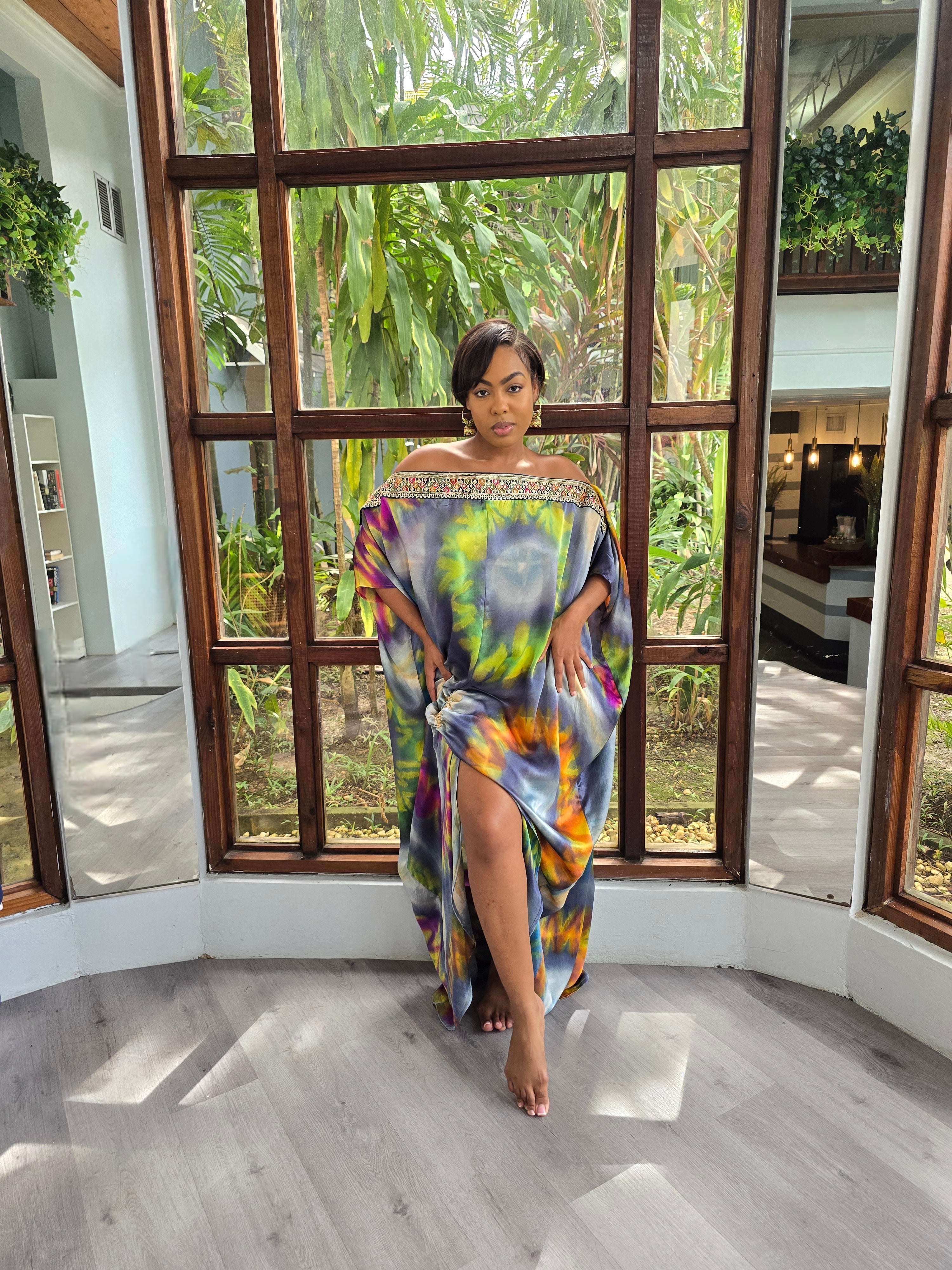 Hand Dyed Silk Charmeuse/Embellished Kaftan