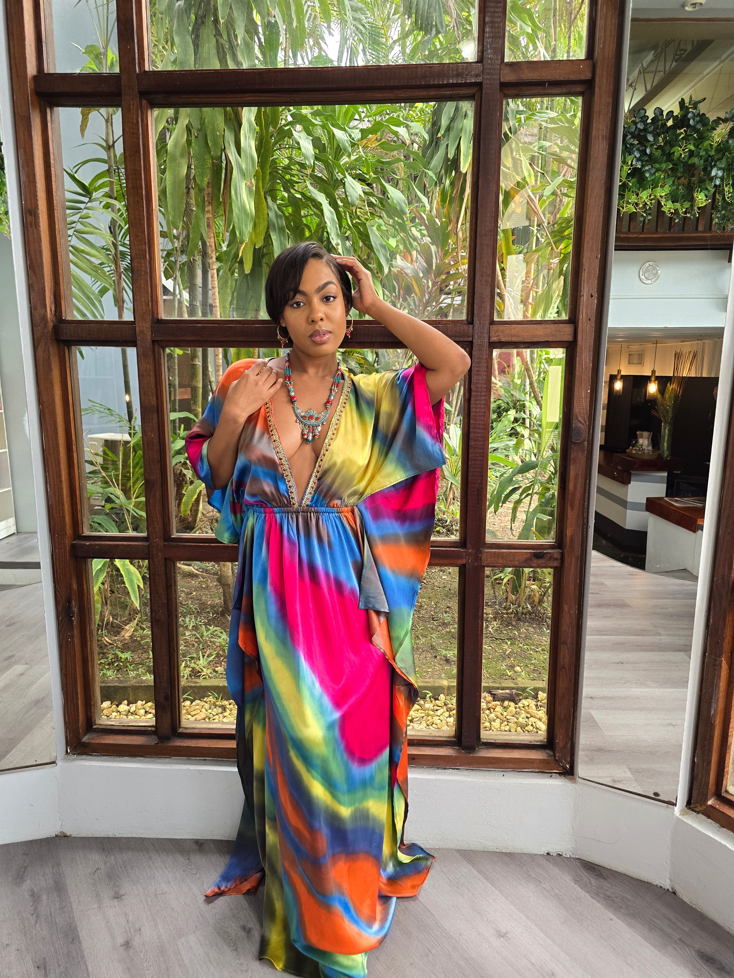 Hand Dyed Silk Stretch Charmeuse/Embellished Kaftan