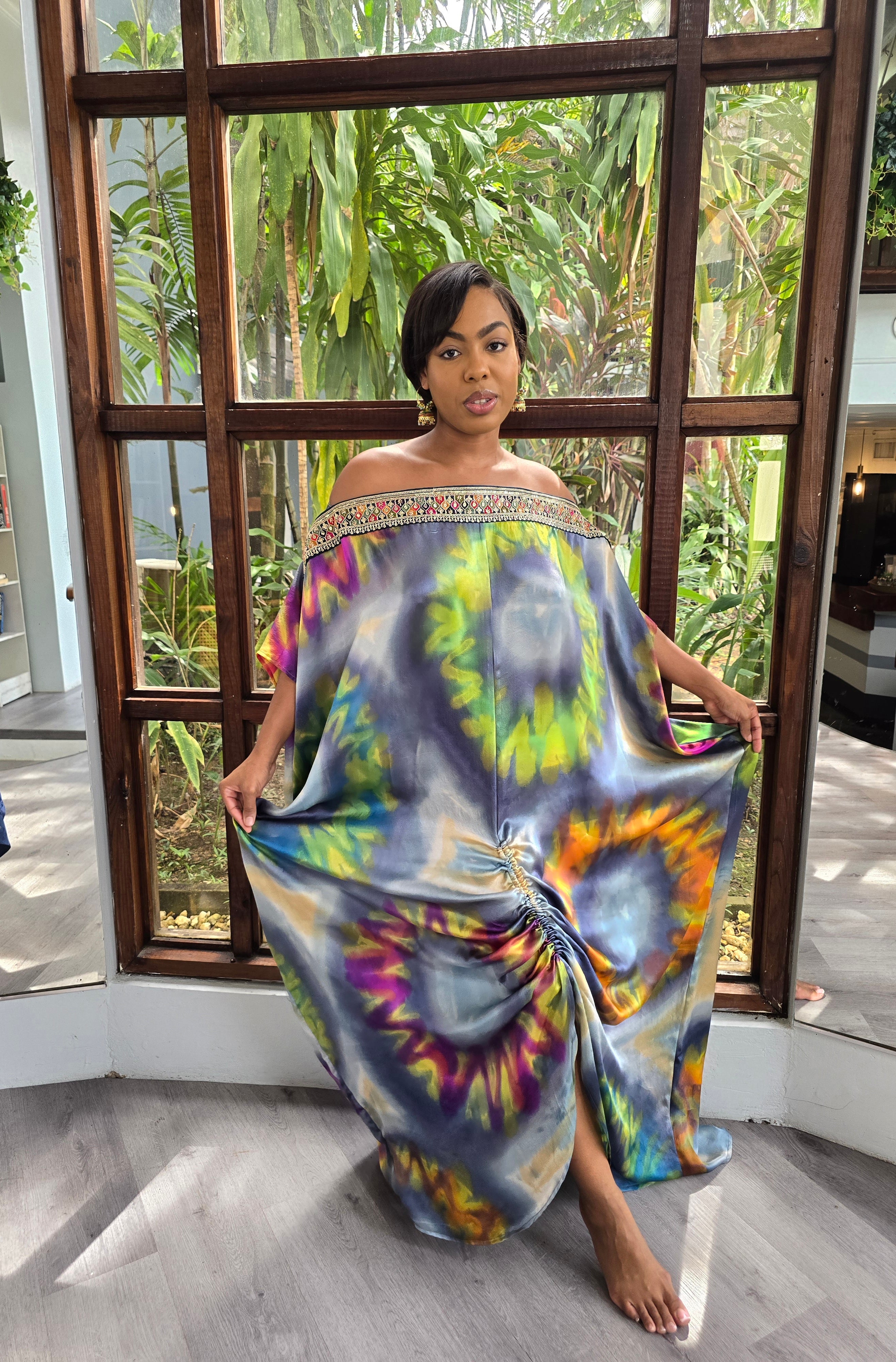 Hand Dyed Silk Charmeuse/Embellished Kaftan