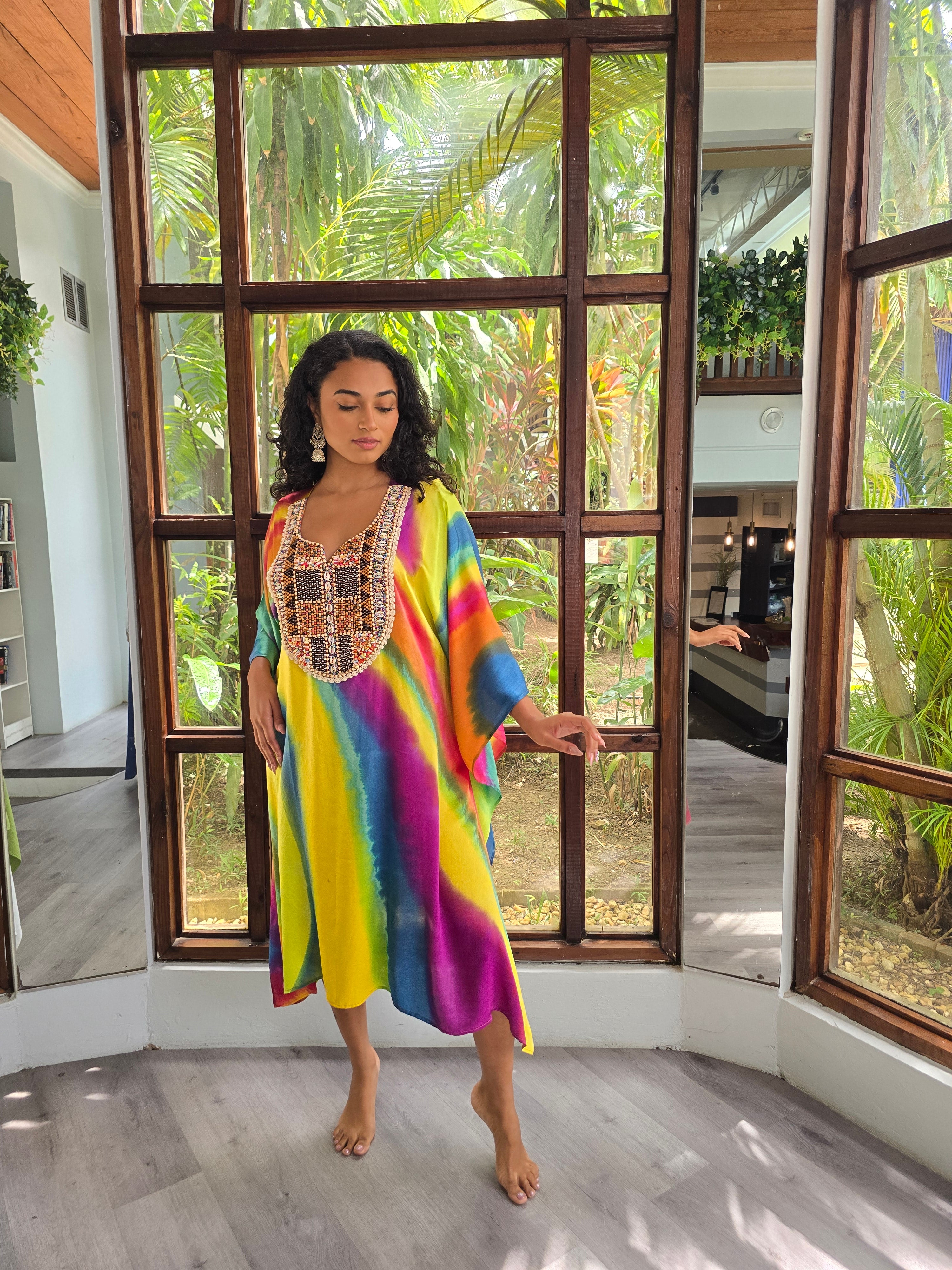 Hand Dyed Silk Charmeuse/Embellished Kaftan