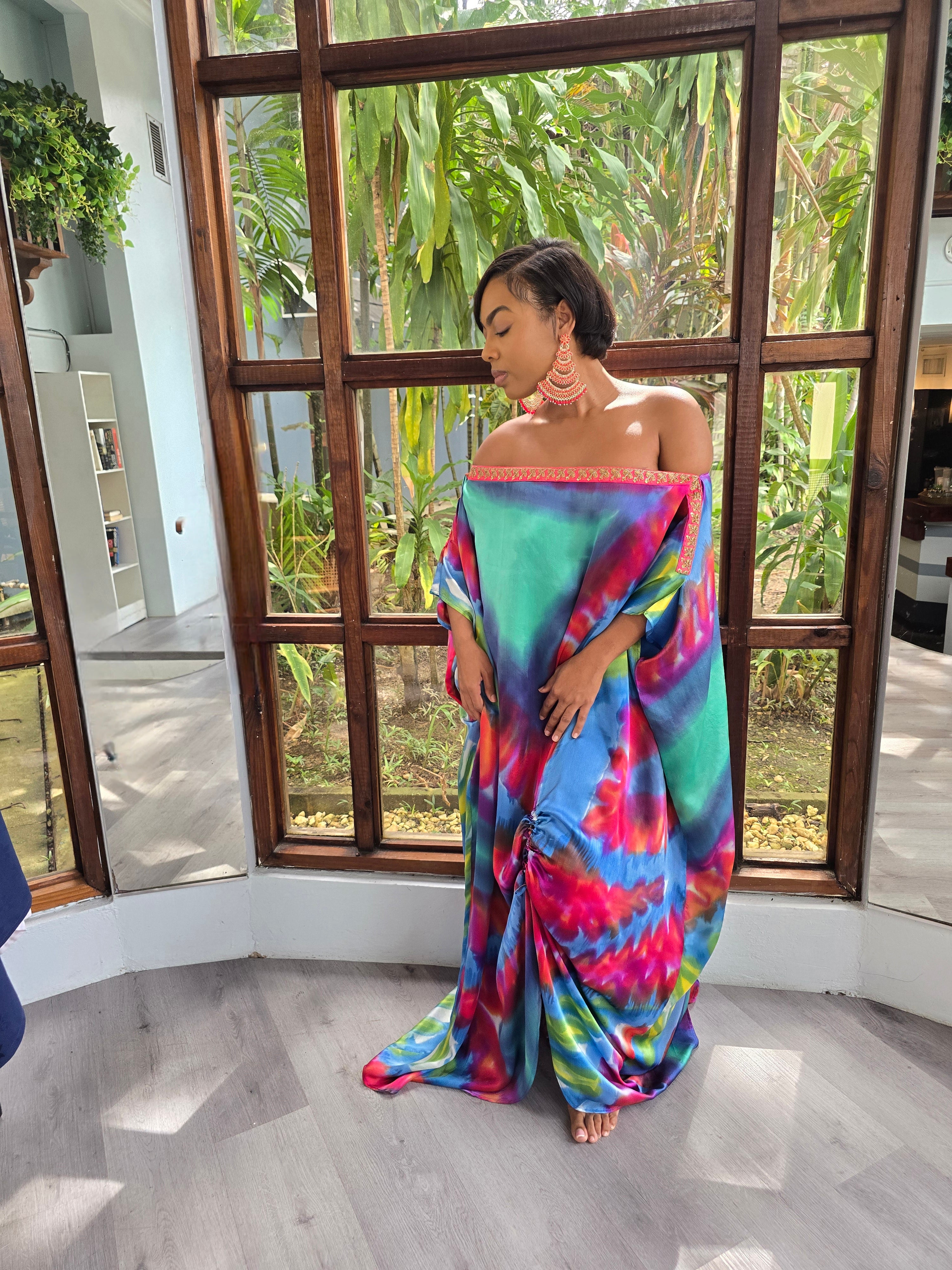 Hand Dyed Silk Charmeuse/Embellished Kaftan