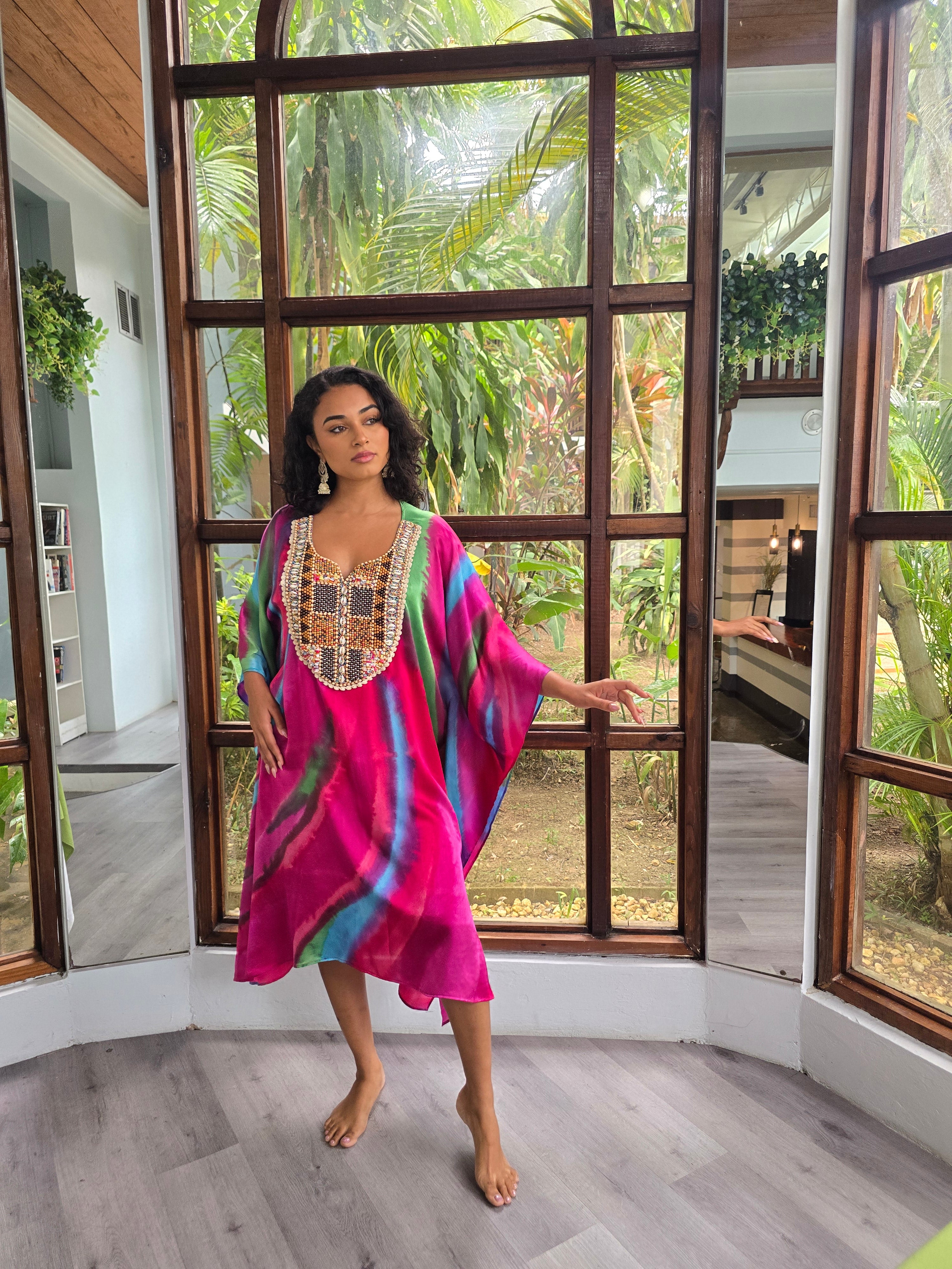 Hand Dyed Silk Charmeuse/Embellished Kaftan