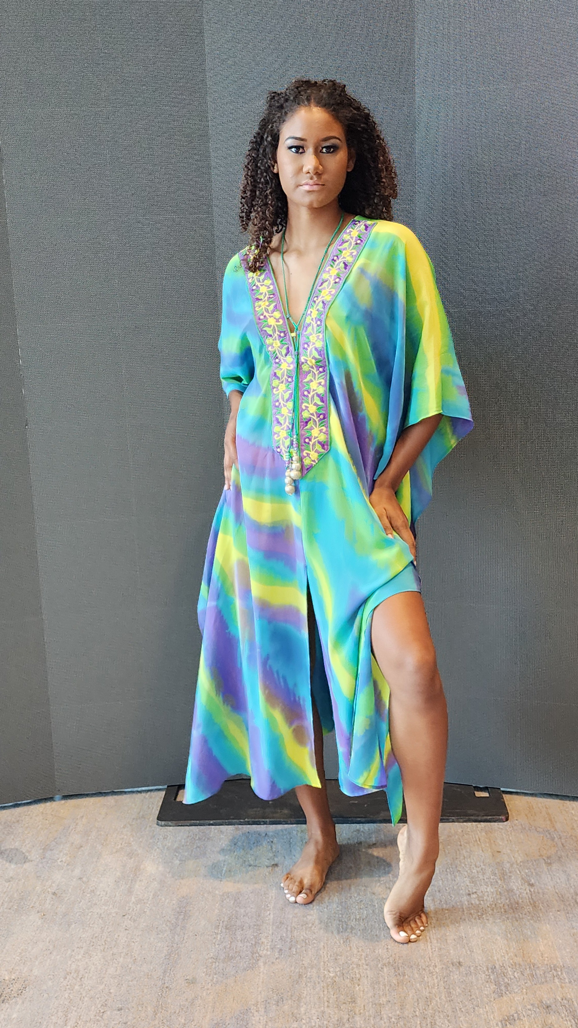 Hand Dyed Silk Charmeuse/Embellished Kaftan