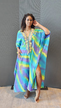 Hand Dyed Silk Charmeuse/Embellished Kaftan