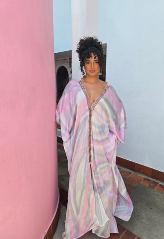 Hand Dyed Silk Charmeuse/Embellished Kaftan