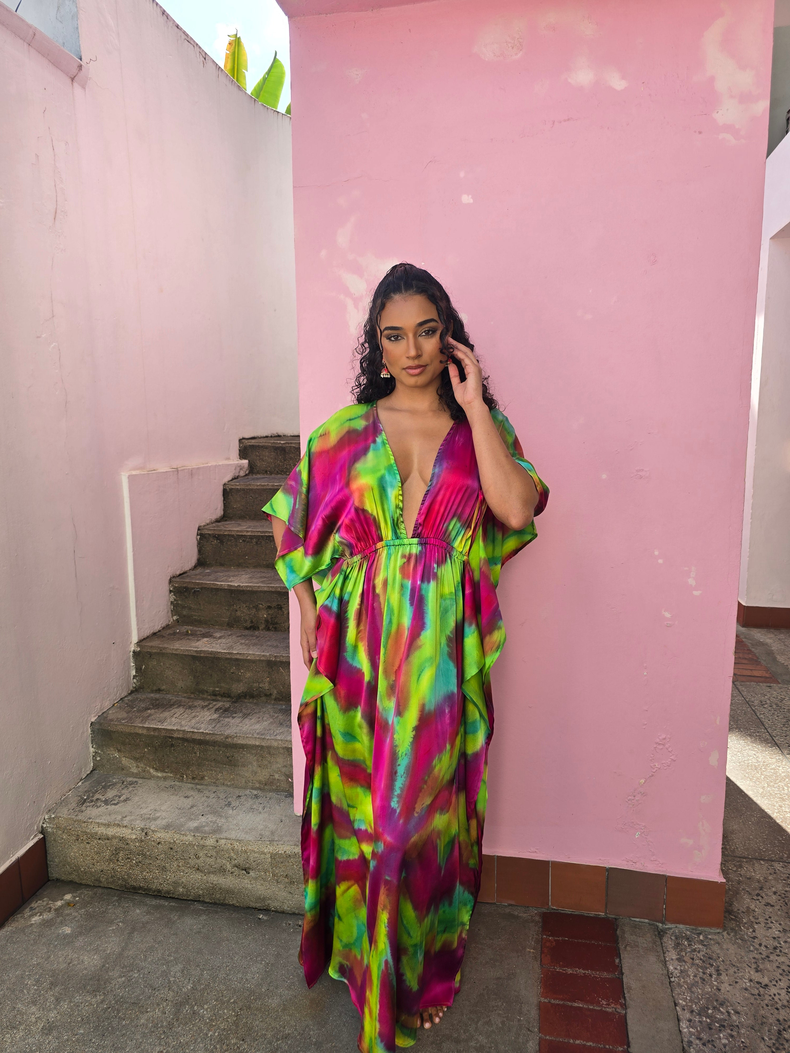 Hand Dyed Stretch Silk Charmeuse Kaftan