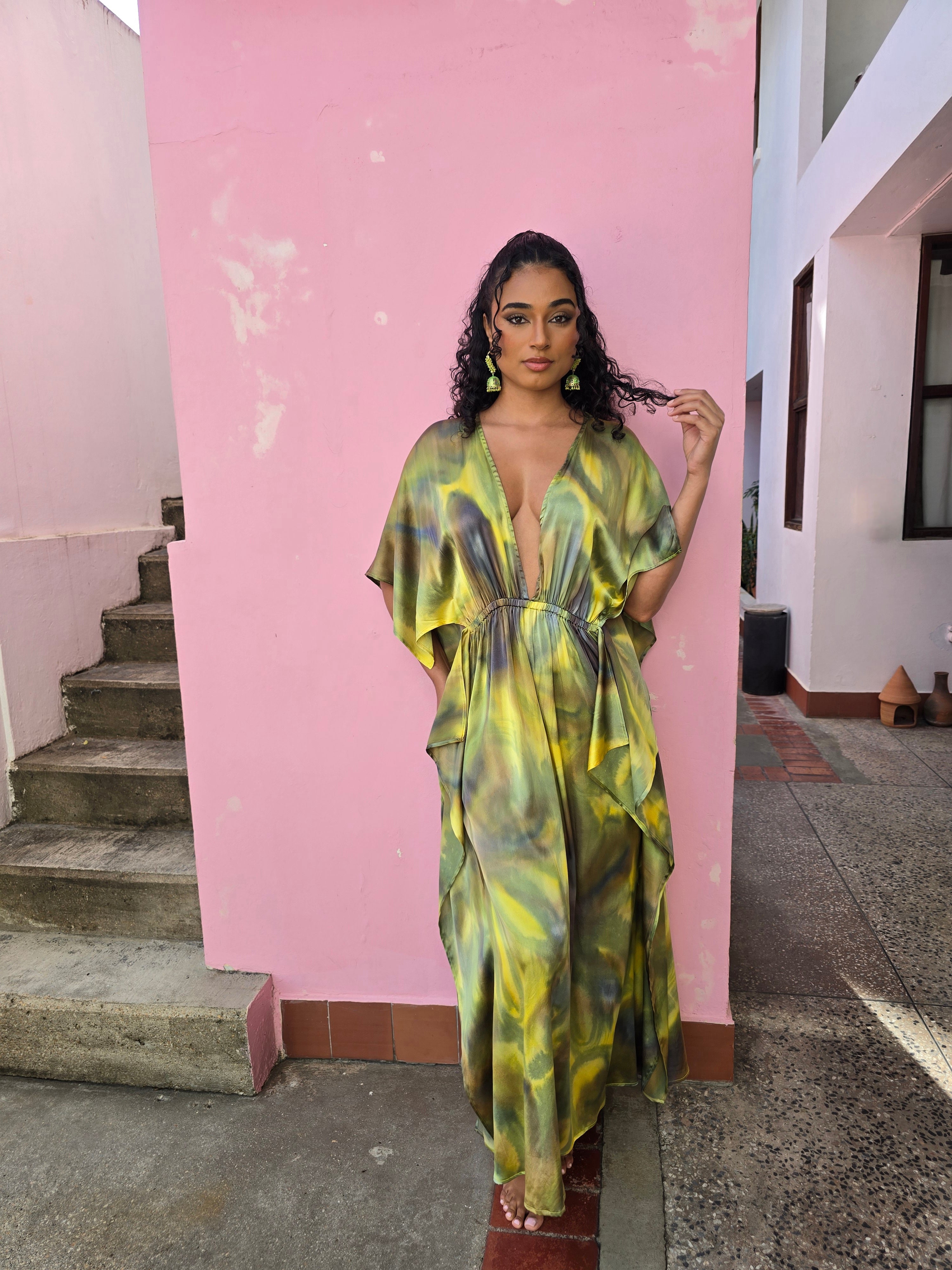 Hand Dyed Stretch Silk Charmeuse Kaftan