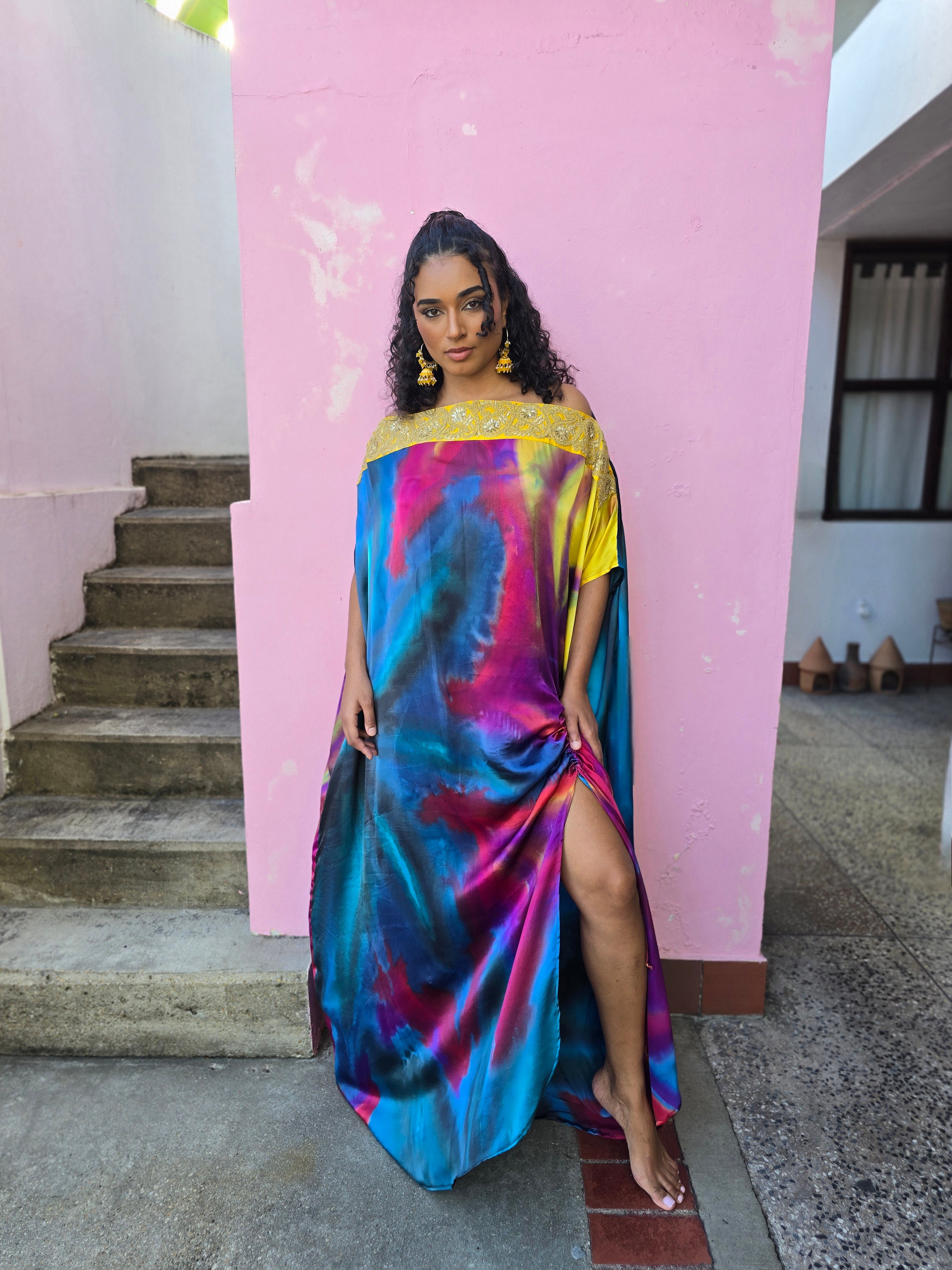 Hand Dyed Embellished Silk Charmeuse Kaftan