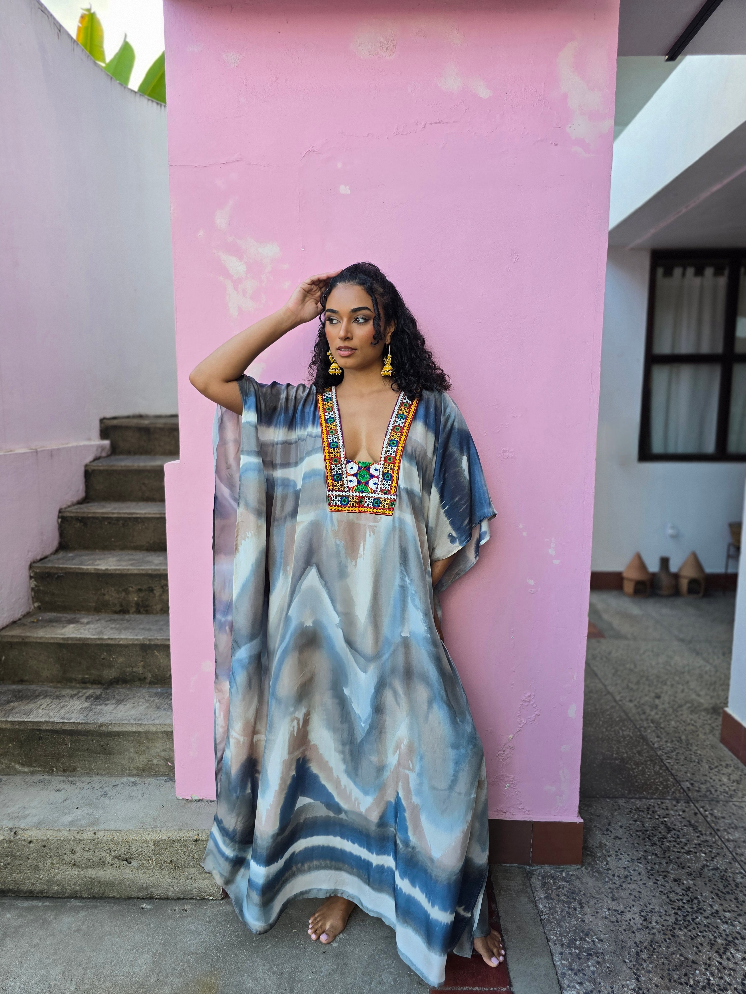 Hand Dyed Silk Habotai Embellished Kaftan