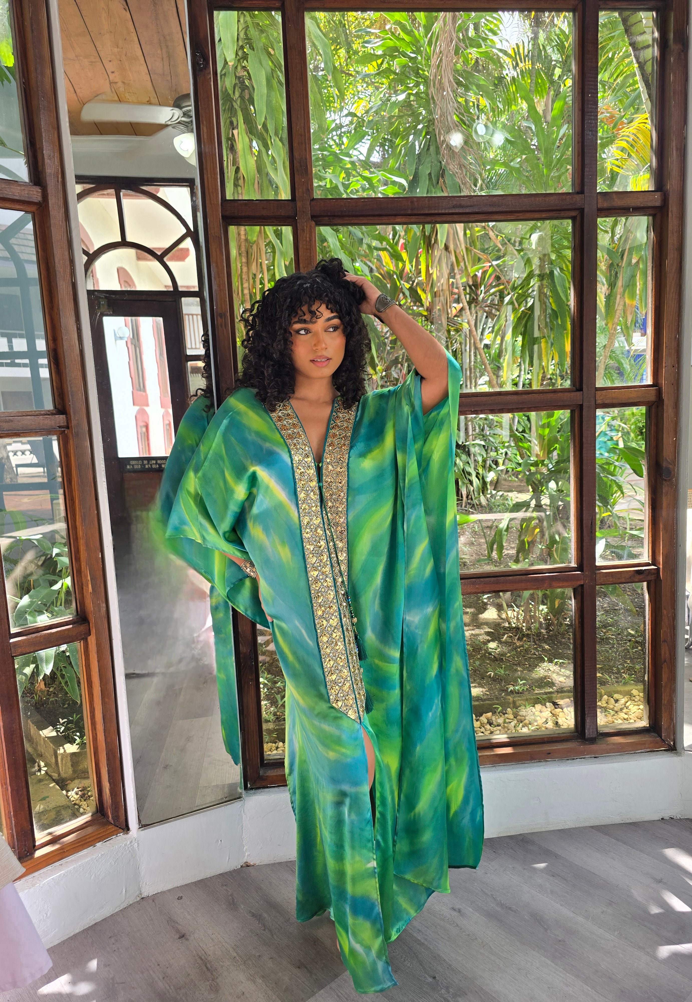 Hand Dyed Silk Charmeuse Embellished Kaftan