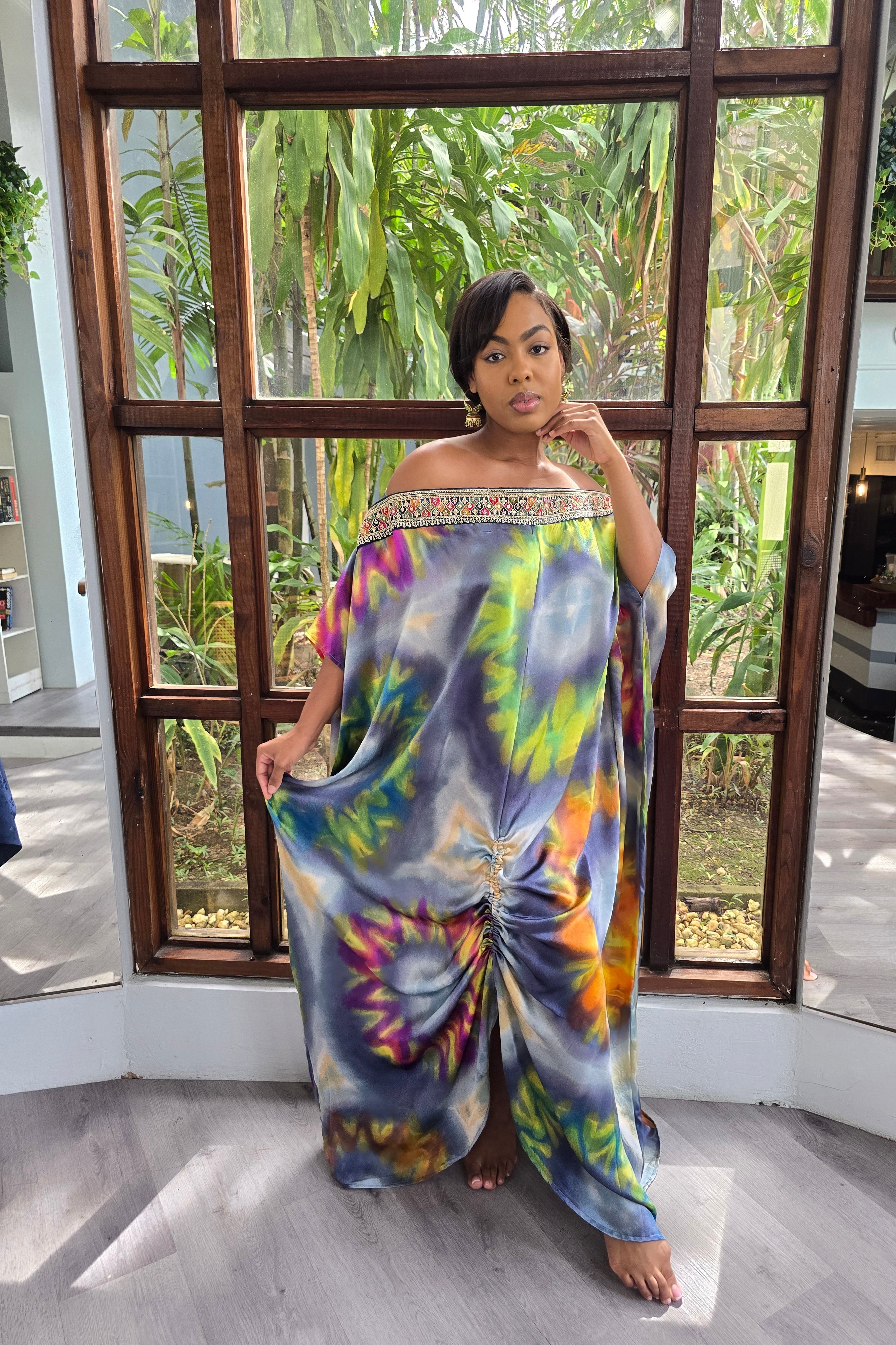 Hand Dyed Silk Charmeuse/Embellished Kaftan