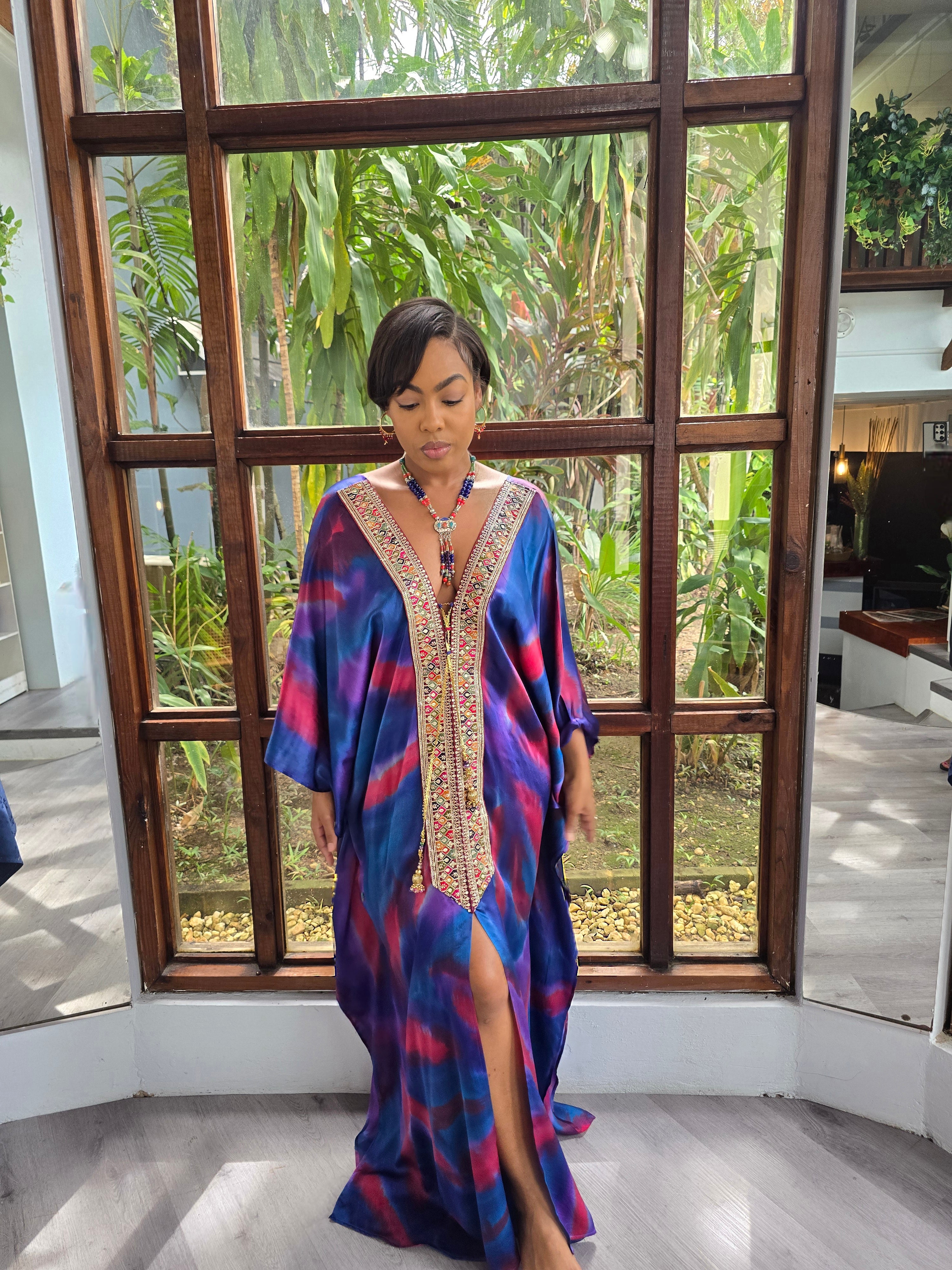 Hand Dyed Silk Charmeuse/Embellished Kaftan