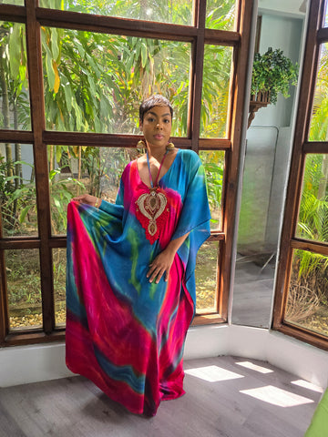 Hand Dyed Embellished Silk Charmeuse Kaftan