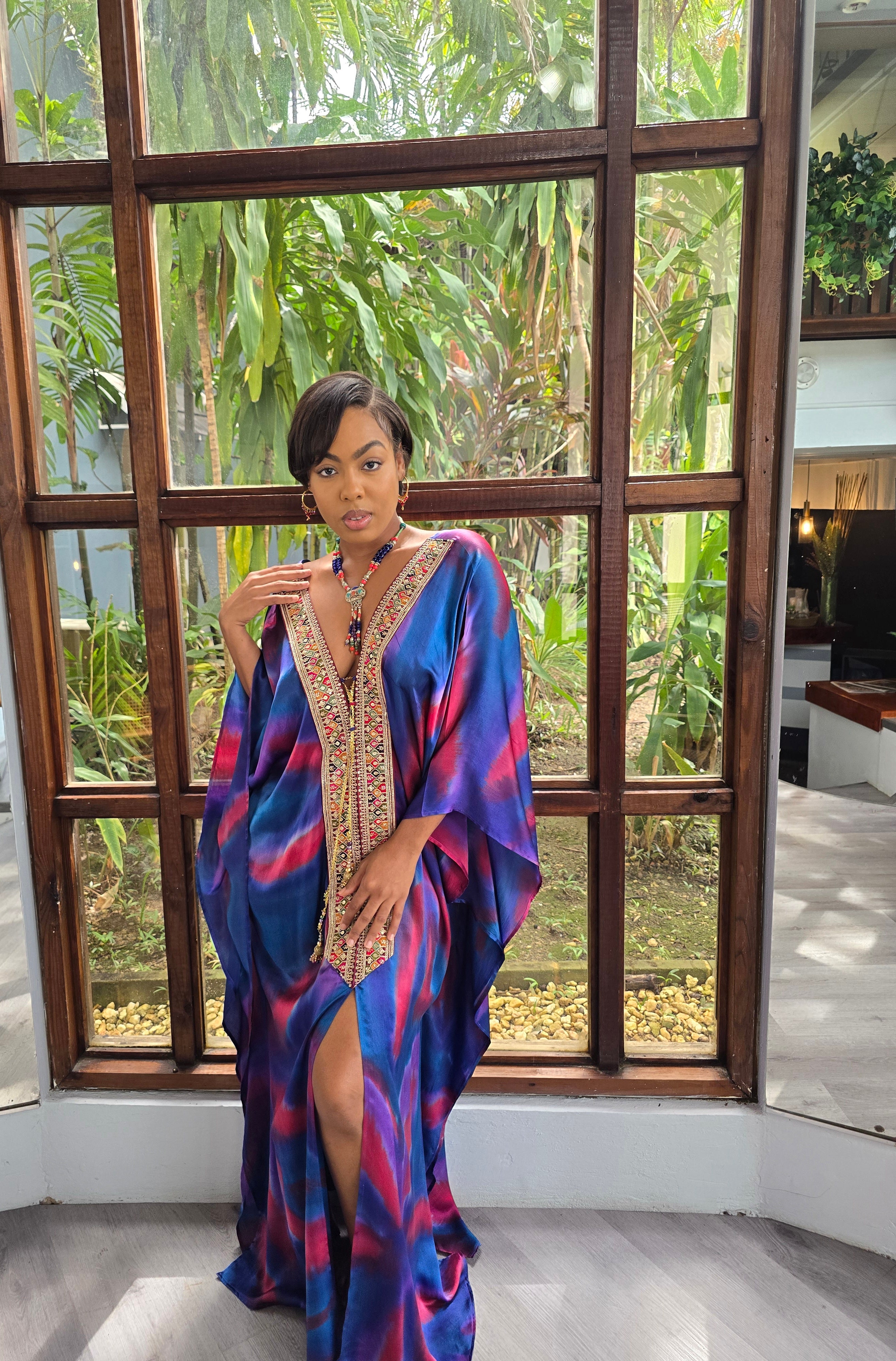 Hand Dyed Silk Charmeuse/Embellished Kaftan