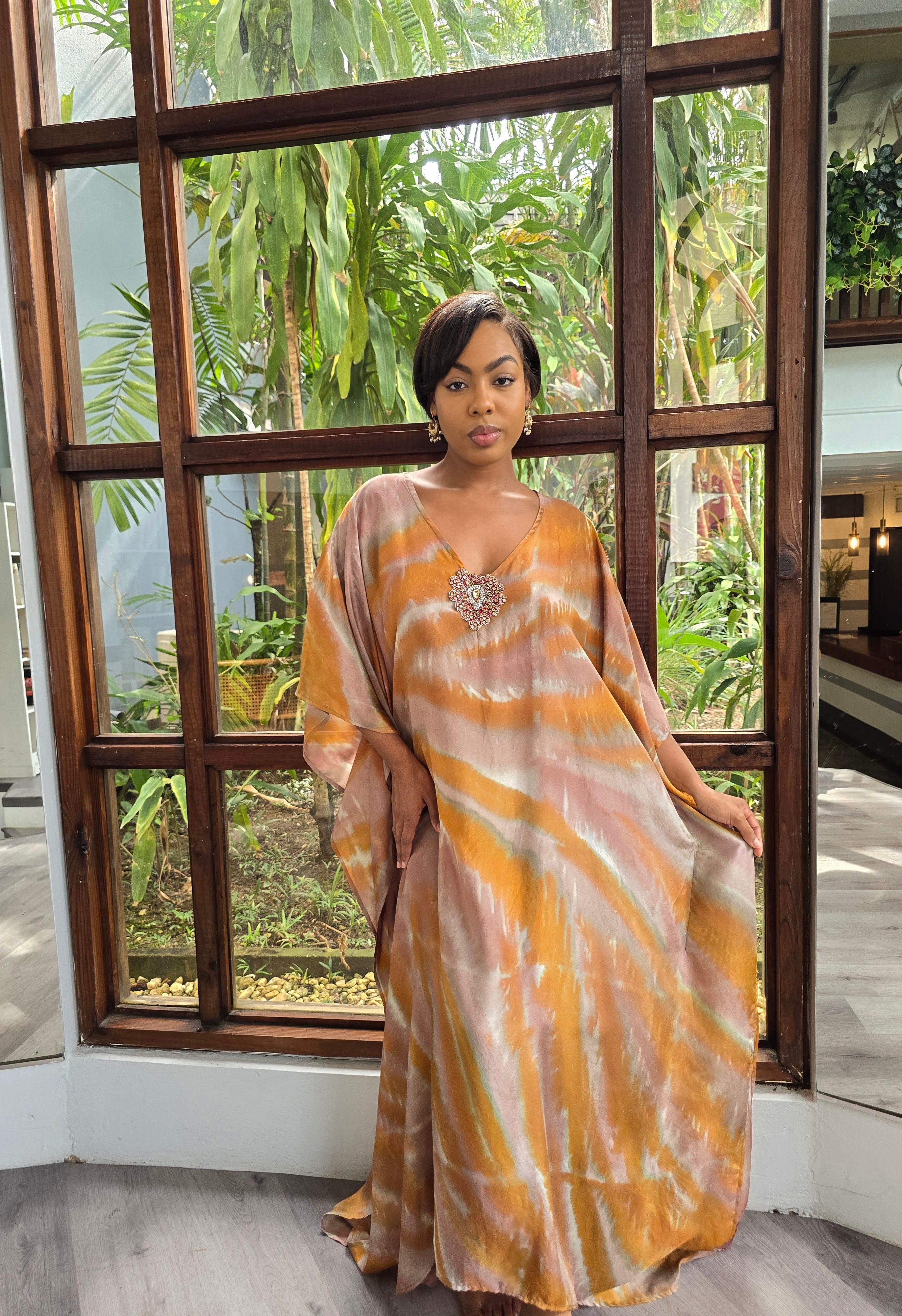 Hand Dyed Silk Habotai/Embellished Kaftan