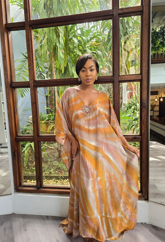 Hand Dyed Silk Habotai/Embellished Kaftan