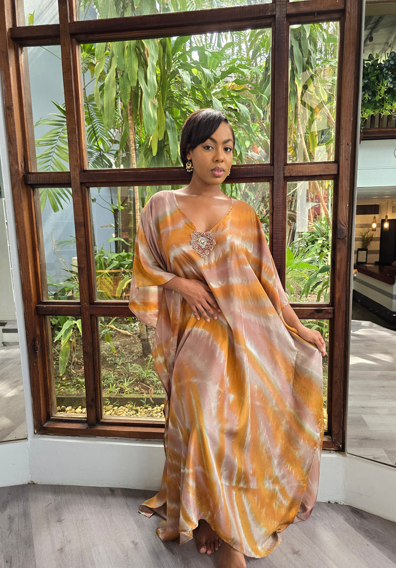 Hand Dyed Silk Habotai/Embellished Kaftan