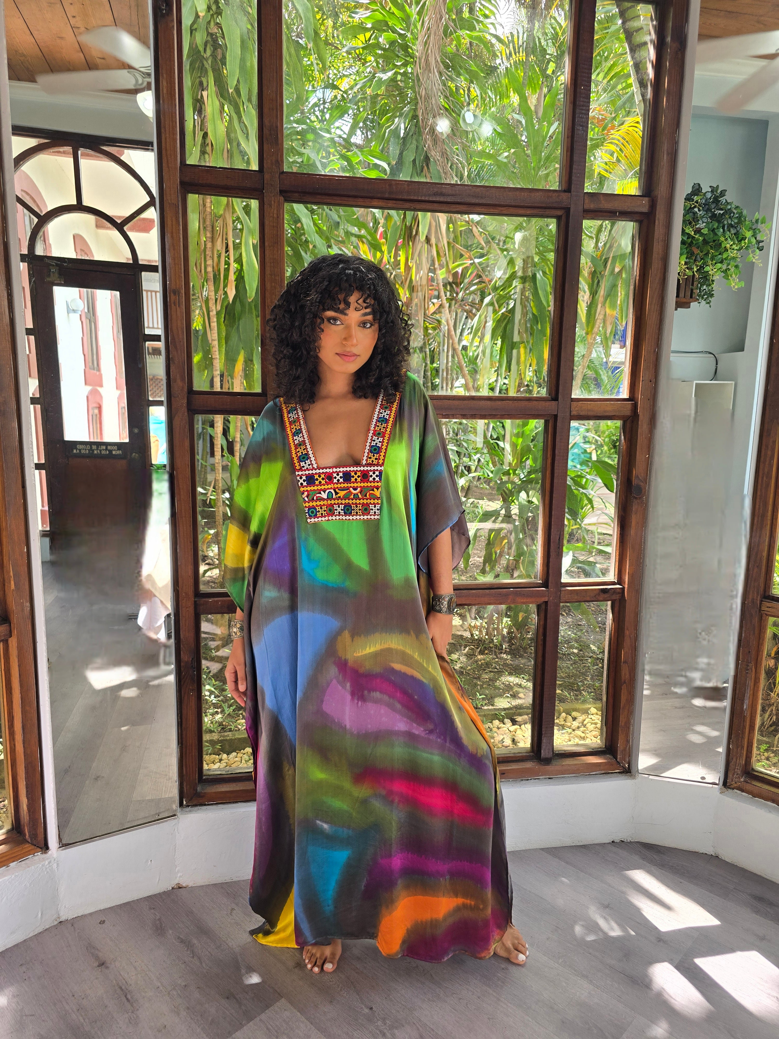 Hand Dyed Silk Charmeuse Embellished Kaftan