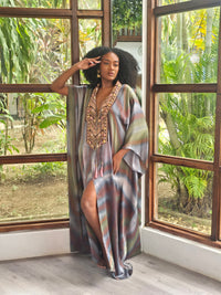 Hand Dyed Silk Charmeuse/Embellished Kaftan