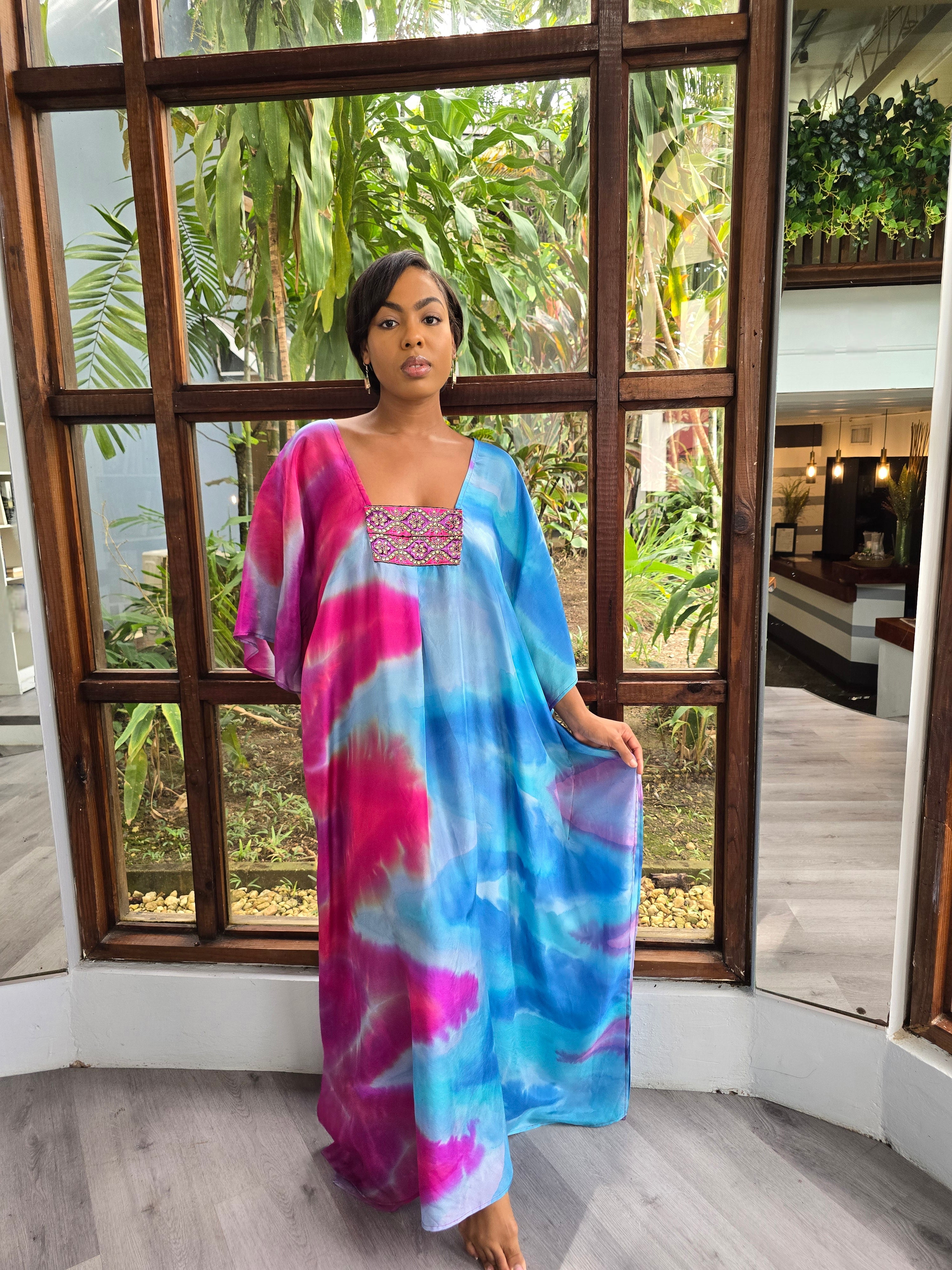 Hand Dyed Silk Habotai/Embellished Kaftan