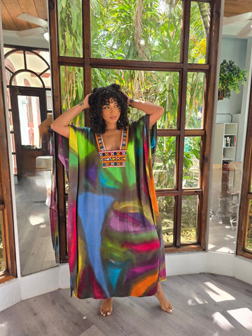Hand Dyed Silk Charmeuse Embellished Kaftan