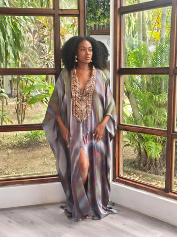Hand Dyed Silk Charmeuse/Embellished Kaftan