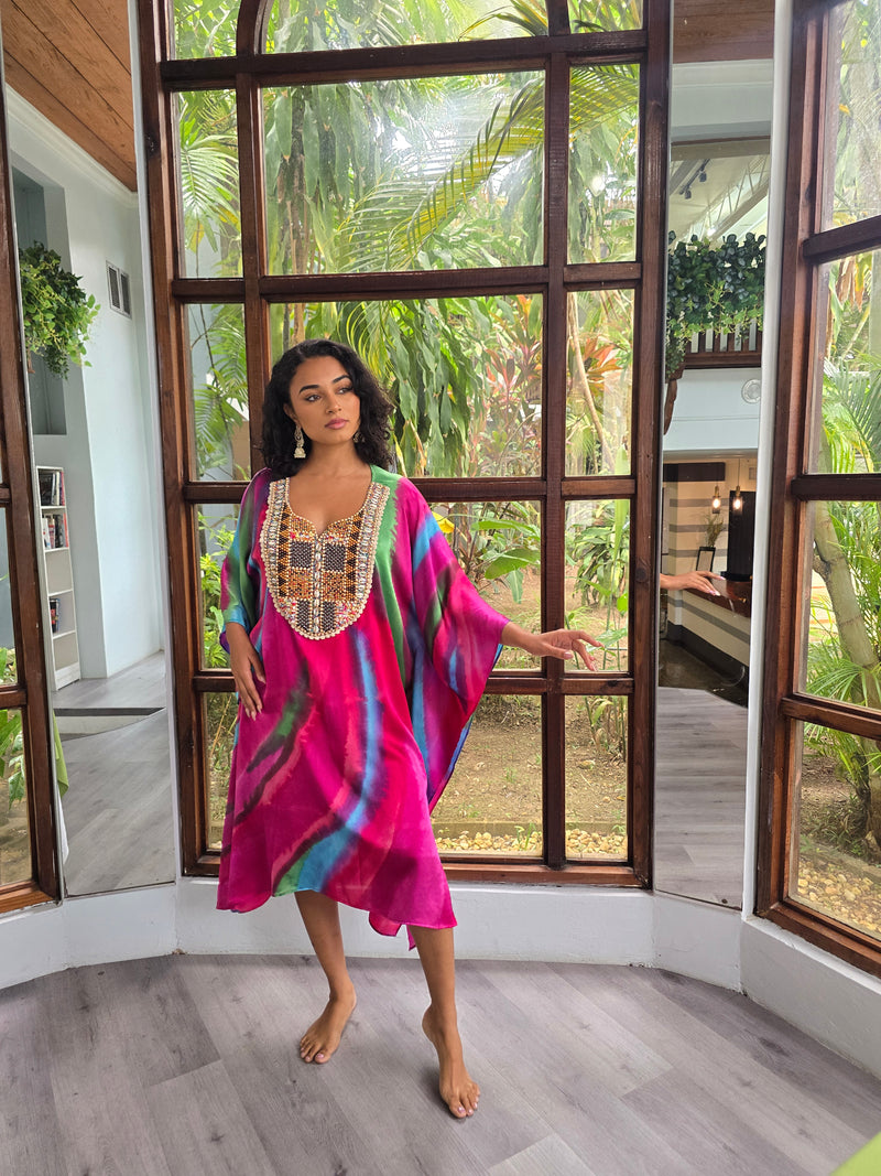 Hand Dyed Silk Charmeuse/Embellished Kaftan
