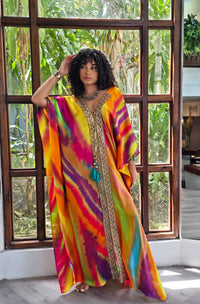Hand Dyed Silk Charmeuse Embellished Kaftan