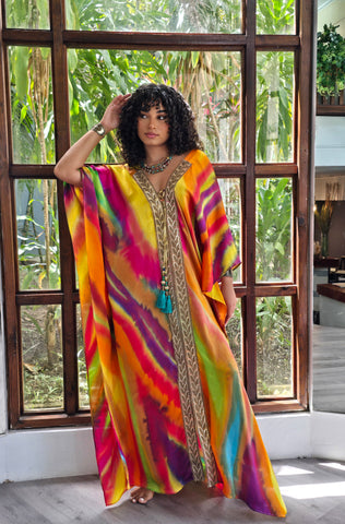Hand Dyed Silk Charmeuse Embellished Kaftan