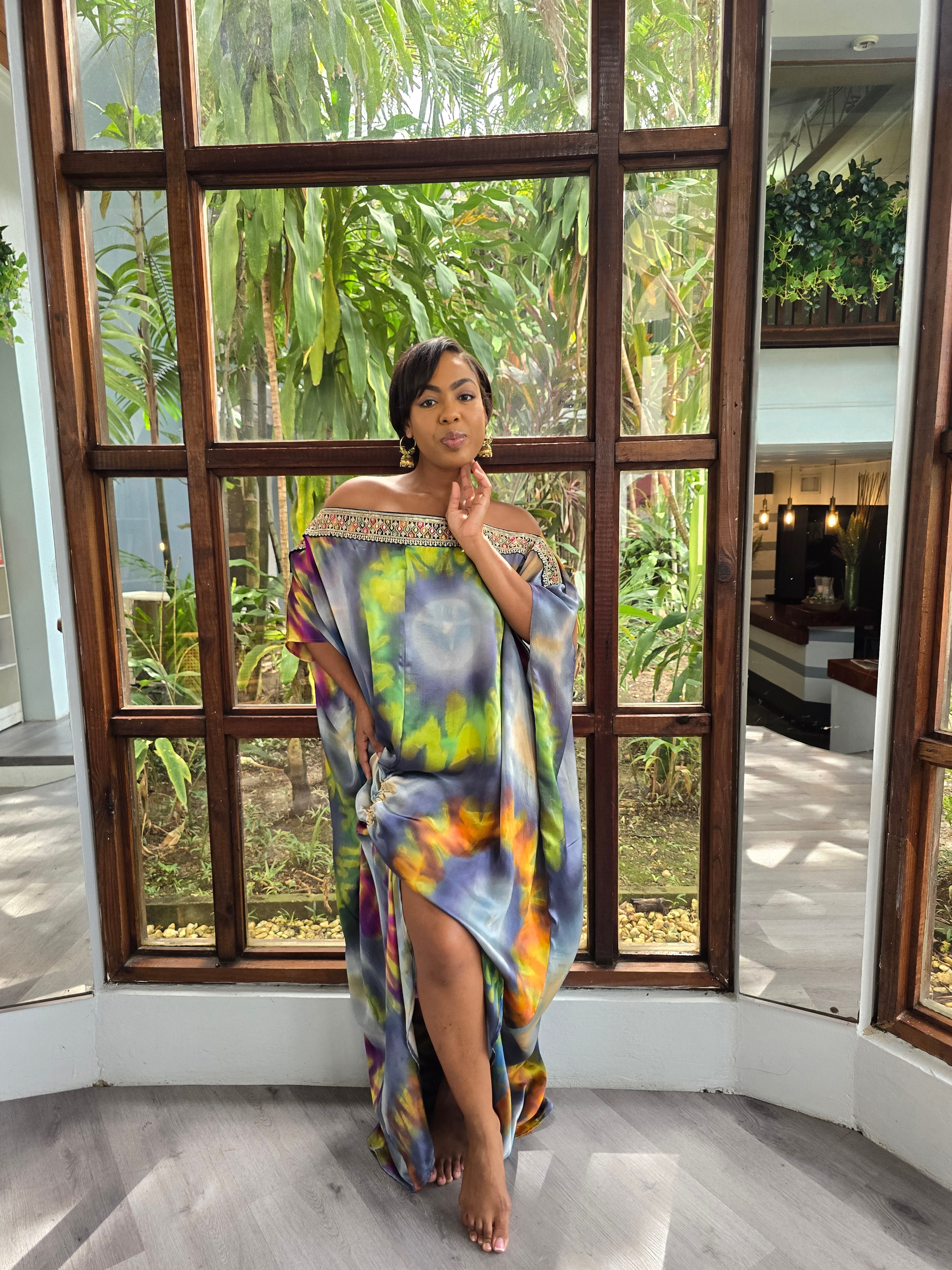 Hand Dyed Silk Charmeuse/Embellished Kaftan