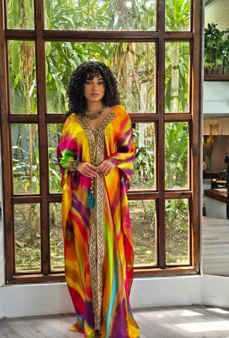Hand Dyed Silk Charmeuse Embellished Kaftan