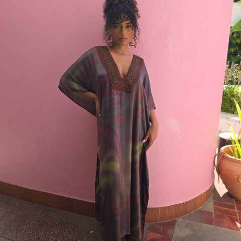 Hand Dyed Silk Charmeuse/Embellished Kaftan