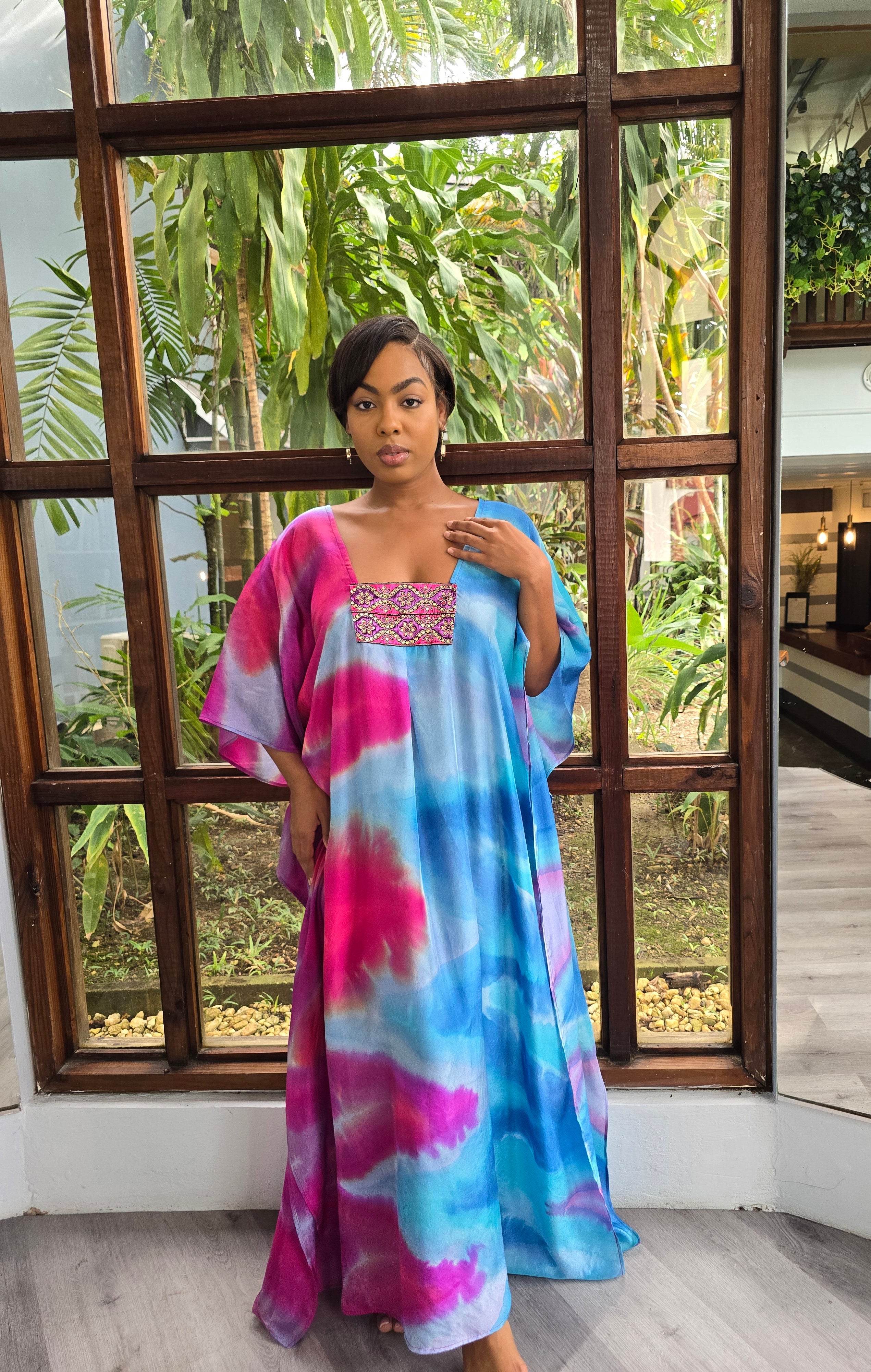 Hand Dyed Silk Habotai/Embellished Kaftan