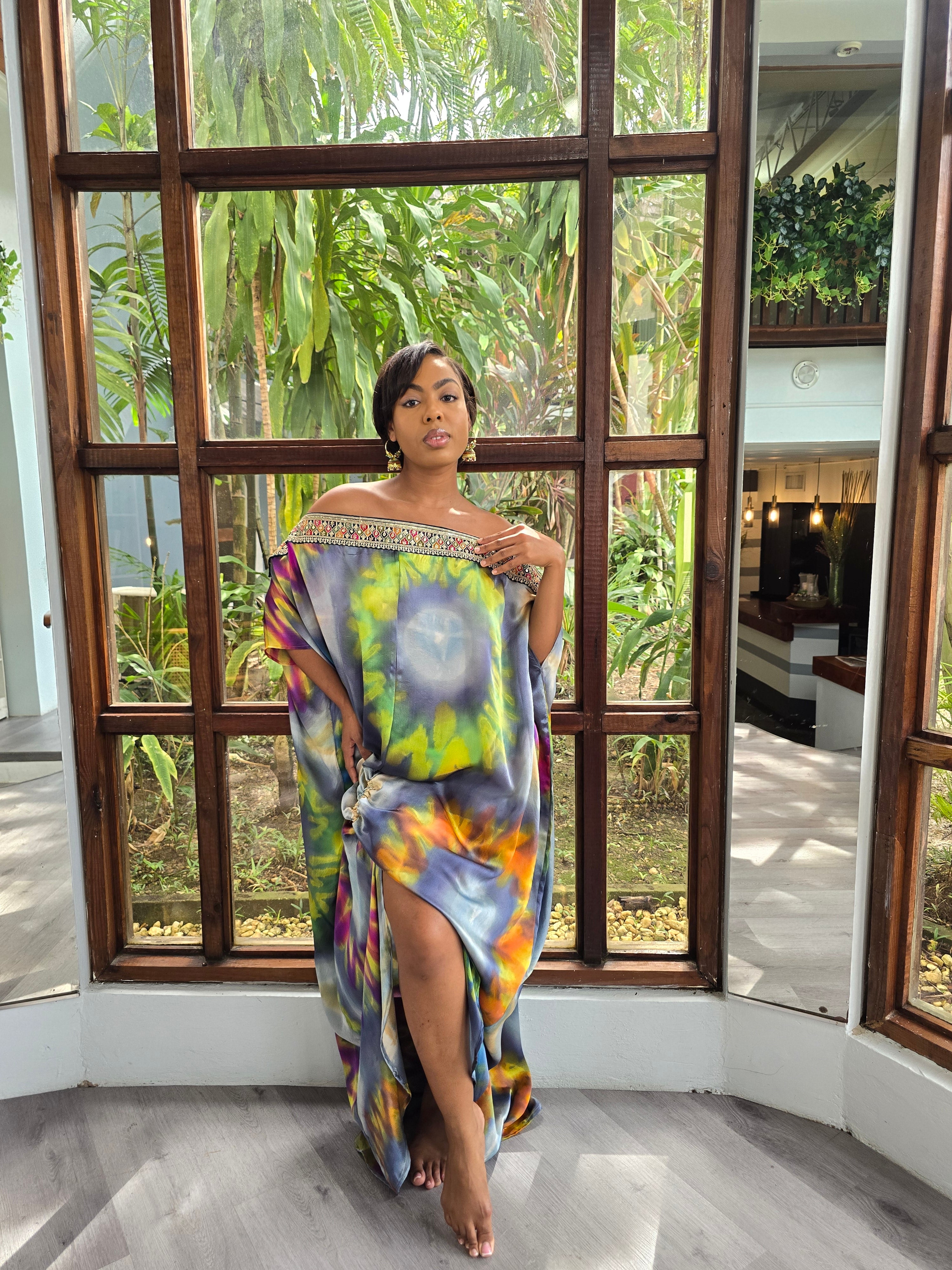 Hand Dyed Silk Charmeuse/Embellished Kaftan