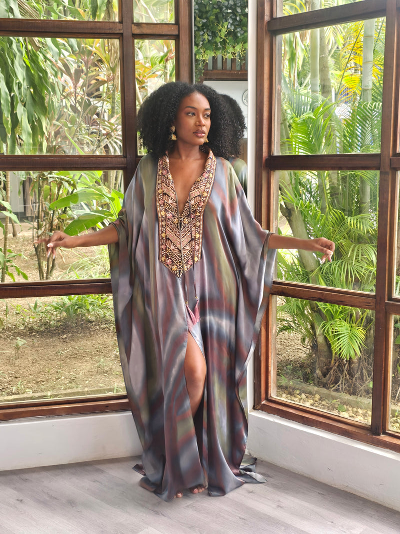 Hand Dyed Silk Charmeuse/Embellished Kaftan